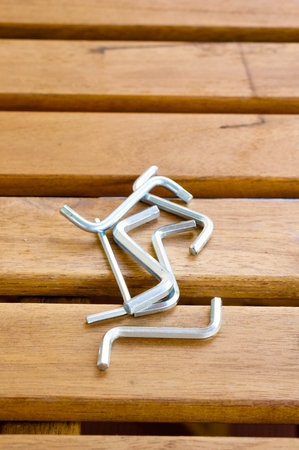 A wooden table with the objects on itの写真素材