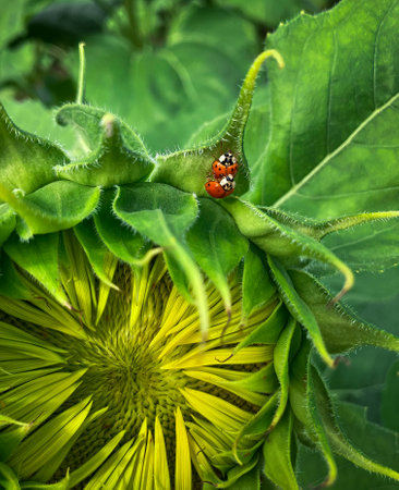 A macro shot of two copulating ladybugs on the leaf of a sunflowerの写真素材