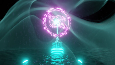 An abstract digital illustration of neon illuminated shapes for wallpapersの写真素材