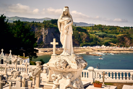 The Chateau castle hill cemetery in Nice  with white statuesの写真素材
