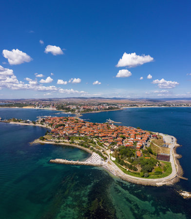Aerial view to Nessebar city. Sea town of Bulgarian Black Sea coastの写真素材