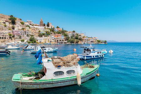 SYMI, GREECE - JULY 05, 2021: Symi is a Greek island and part of the Dodecanese island group.のeditorial素材
