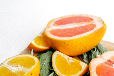 A closeup shot of sliced oranges and grapefruit on a wooden tableの写真素材