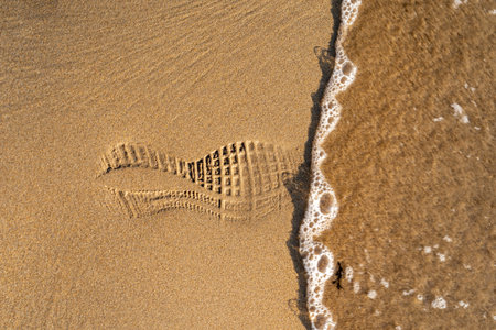 A footprint of a man on the shore sand on a sunny dayの写真素材