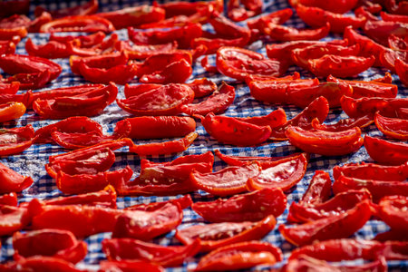 Dried tomato halves, macro view, different shapes and sizesの写真素材