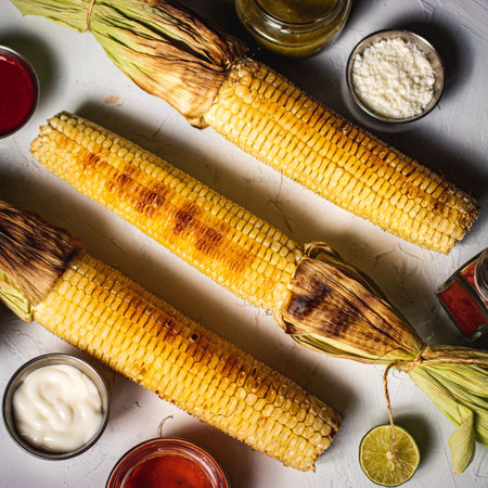 A vertical shot of delicious corns with sauces on a white backgroundの写真素材