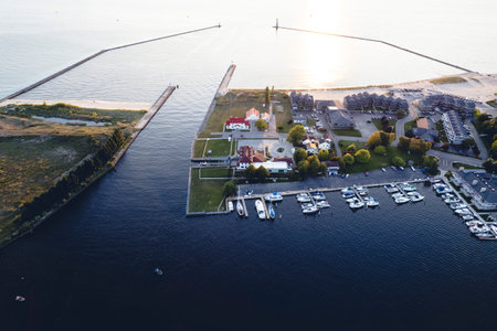 An aerial view of the harbor in Frankfort, Michiganの写真素材