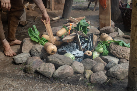 A high angle shot of a scene of cooking vegetables in fire outdoors like in the Bronze Ageの写真素材