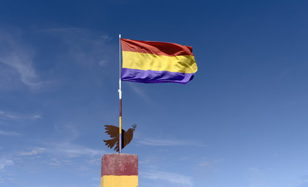 Second Spanish Republic flag in the period between 1931 and 1939, horizontal tricolor flag composed of the colors red, yellow and purpleの写真素材