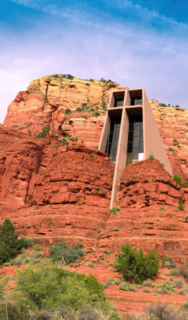 A close up shot with a vertical angle for Chapel of the Holy Cross in, Sedona, USAの写真素材