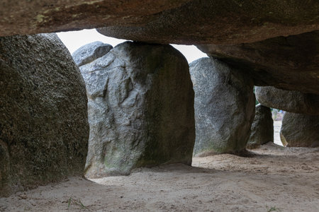 A closeup shot of a megalithic structure or dolmen in the Netherlandsの写真素材