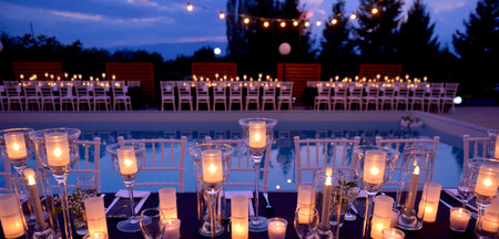 A selective of decorated restaurant tables near the poolの写真素材