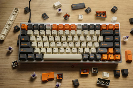 A colorful computer keyboard and spare keys on a wooden tableの写真素材