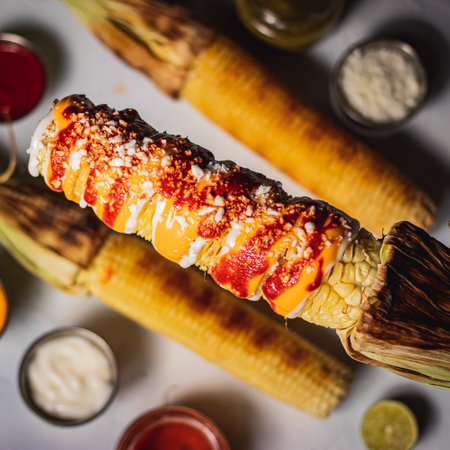 A vertical shot of delicious freshly cooked corn with saucesの写真素材