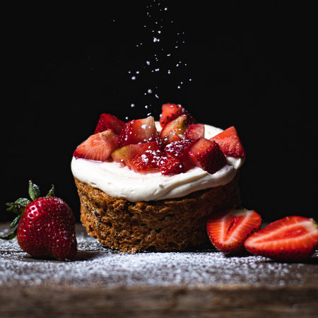 A vertical shot of a pie with cream, strawberries, and pouring powdered sugarの写真素材