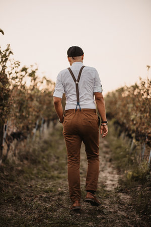 A vertical shot of a man walking in the vineyard field. Back view.の写真素材
