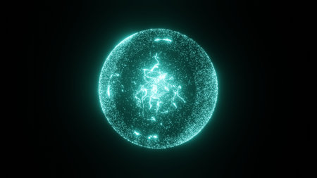 A black background with a neon illuminated turquoise sphere for wallpapersの写真素材