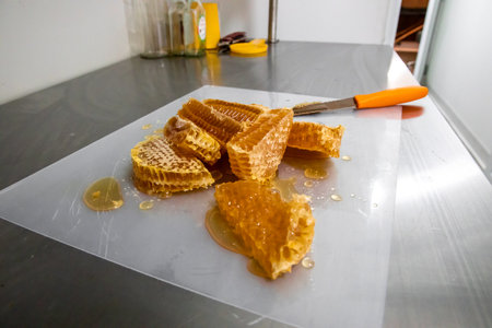 A closeup shot of golden honeycombs with delicious honey isolated on the table with a knife