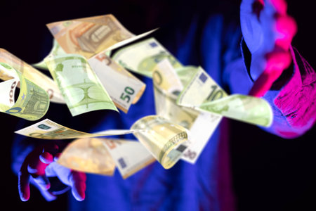 A 3D illustration of banking euro banknote in handの写真素材