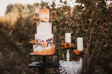 A white wedding cake with orange decorations and candles in the garden.の写真素材