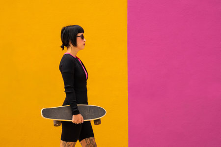 A beautiful young female in sunglasses posing with a skateboard on pink and yellow backgroundの写真素材