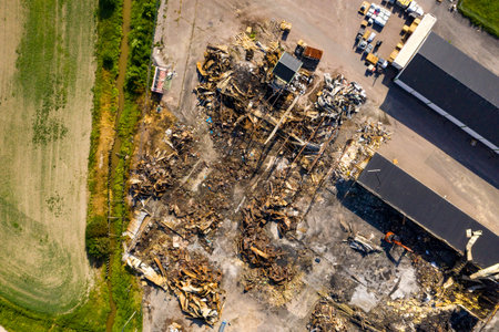 Aerial view over a burnt down building ruins - top down, drone shotの写真素材