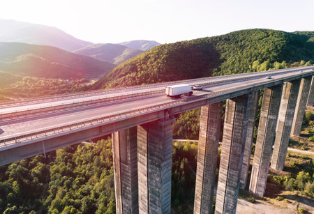 cargo delivery truck drive on highway aerial viewの写真素材