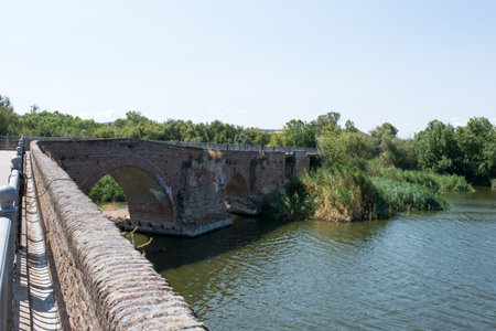 A Roman Bridge over a river surrounded by greenery in Talavera de la Reina, Spainの写真素材