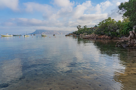 The view of the Tavolara island from the beach of Cala Suaraccia in Sardinia, Italy.の写真素材