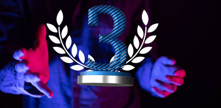 A 3d rendered 3 with wreath leaves hovering between man's palms in pink and blue neon light - anniversary and award conceptの写真素材