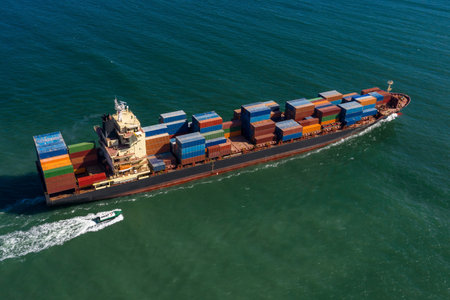 Aerial view of cargo ship in float in sea