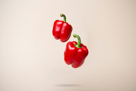 A closeup of ripe red bell peppers falling on a beige surface