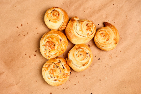 A top view of cinnamon buns on paperの写真素材