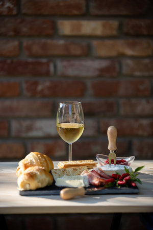 A glass of wine with bread, cheese, and crackers on a dining boardの写真素材