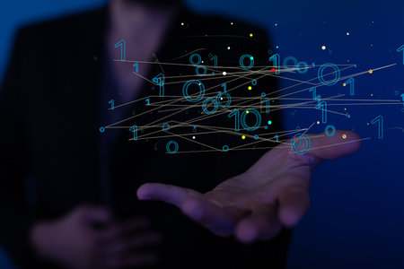 A 3d illustration of digits connected with dots and lines hovering over a man's palm