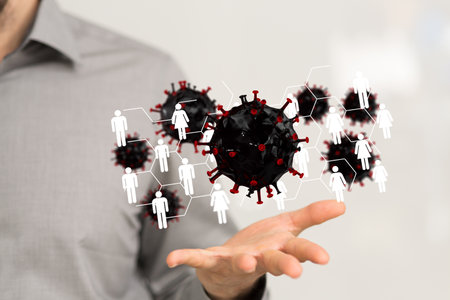 A male hand with covid bacteria and people icons over it - quarantineの写真素材