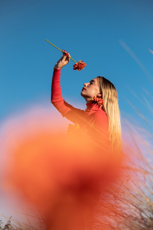 A woman in the field under the skyの写真素材
