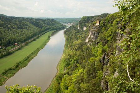 Elbsandstein near Dresden, Bastei in the elbe sandstone mountains in the saxon switzerland in Germanyの写真素材