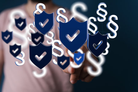 A 3d render of a Symbol of Law and Justice and male hands on a blurry backgroundの写真素材