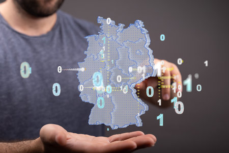 A closeup shot of 3d rendered Hologram of a map of Germany in man's handの写真素材