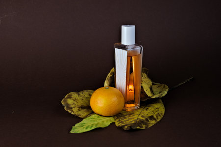 A closeup of a scent bottle, an orange, and leaves on a black background.の写真素材