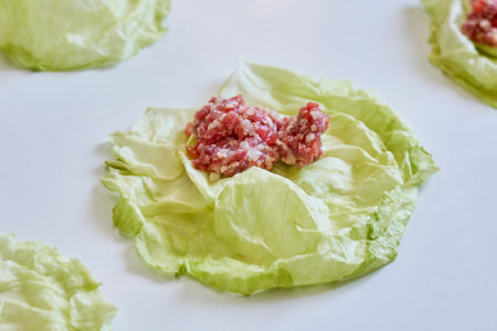The cabbage leaf and minced meat on a white surface