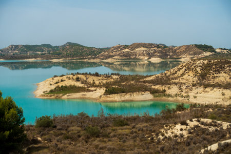 A panoramic shot of the reservoir la Pedrera at Torremendo, Spainの写真素材