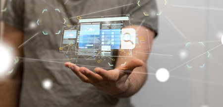 A 3d rendering of media develop interface web application in hand with free space