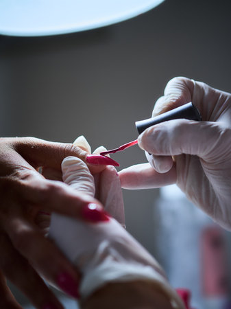 A vertical shotof a nail master painting the customer's nails bright pink in the salonの写真素材