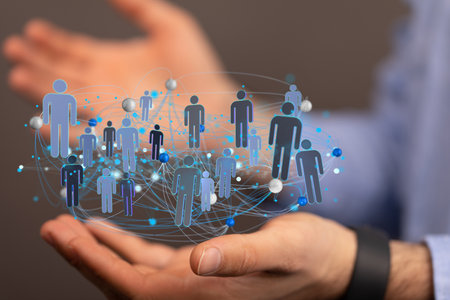A closeup shot of 3d rendered team connection signs in mans hands - business and data concept