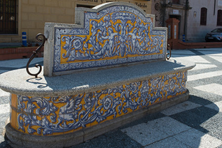 A closeup of a ceramic bench in a park in Talavera de la Reina, Spainの写真素材