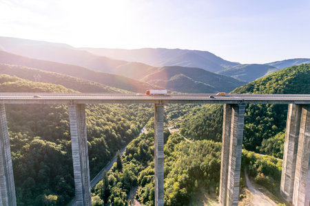 cargo delivery truck drive on highway aerial view