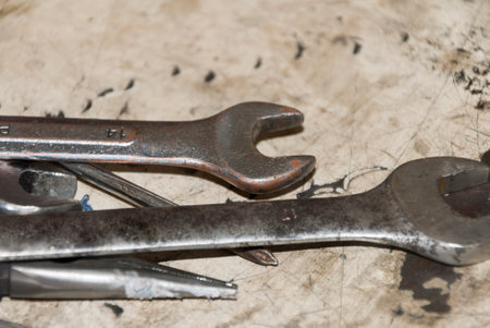Mechanical wrenches for repairing car engines, mechanics, working tools. In Guatemala.の写真素材