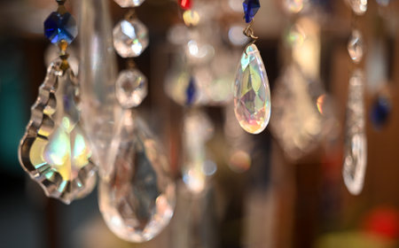 A closeup of the crystal chandelier. Selected focus.の写真素材